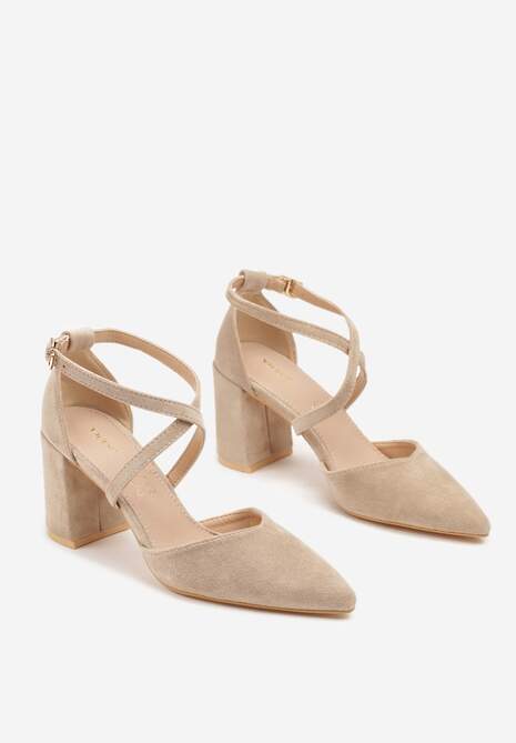 Ciemnobeżowe Czółenka Vices na Słupku ze Skórzaną Wkładką Ozdobione Paskami Learelia