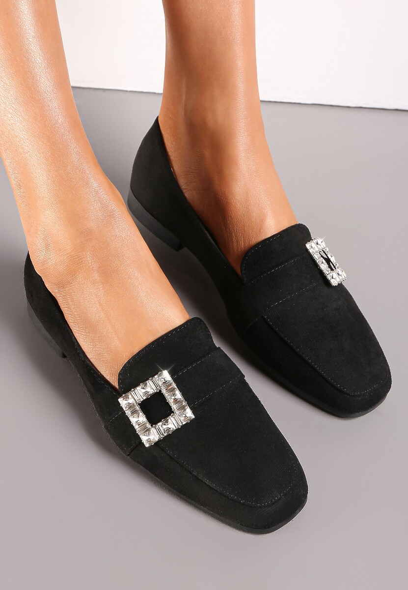 Czarne Mokasyny z Kwadratowym Noskiem i Klamerką w Cyrkonie Maritatia