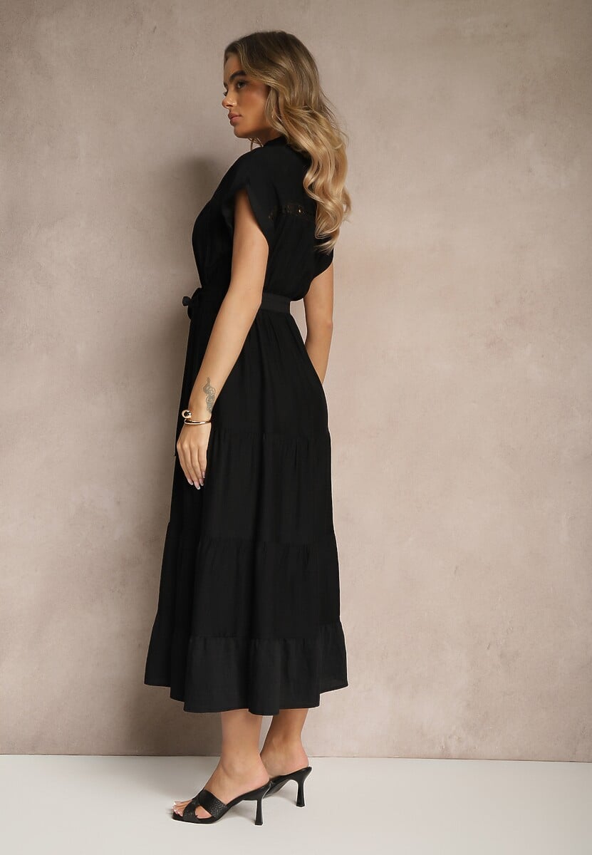 Czarna Rozkloszowana Sukienka z Wiskozy z Wiązanym Paskiem Olissare