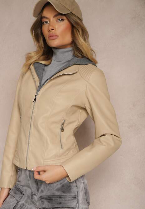 Beżowa Taliowana Kurtka Ramoneska z Tekstylnym Kapturem z Możliwością Odpięcia Ivaletha