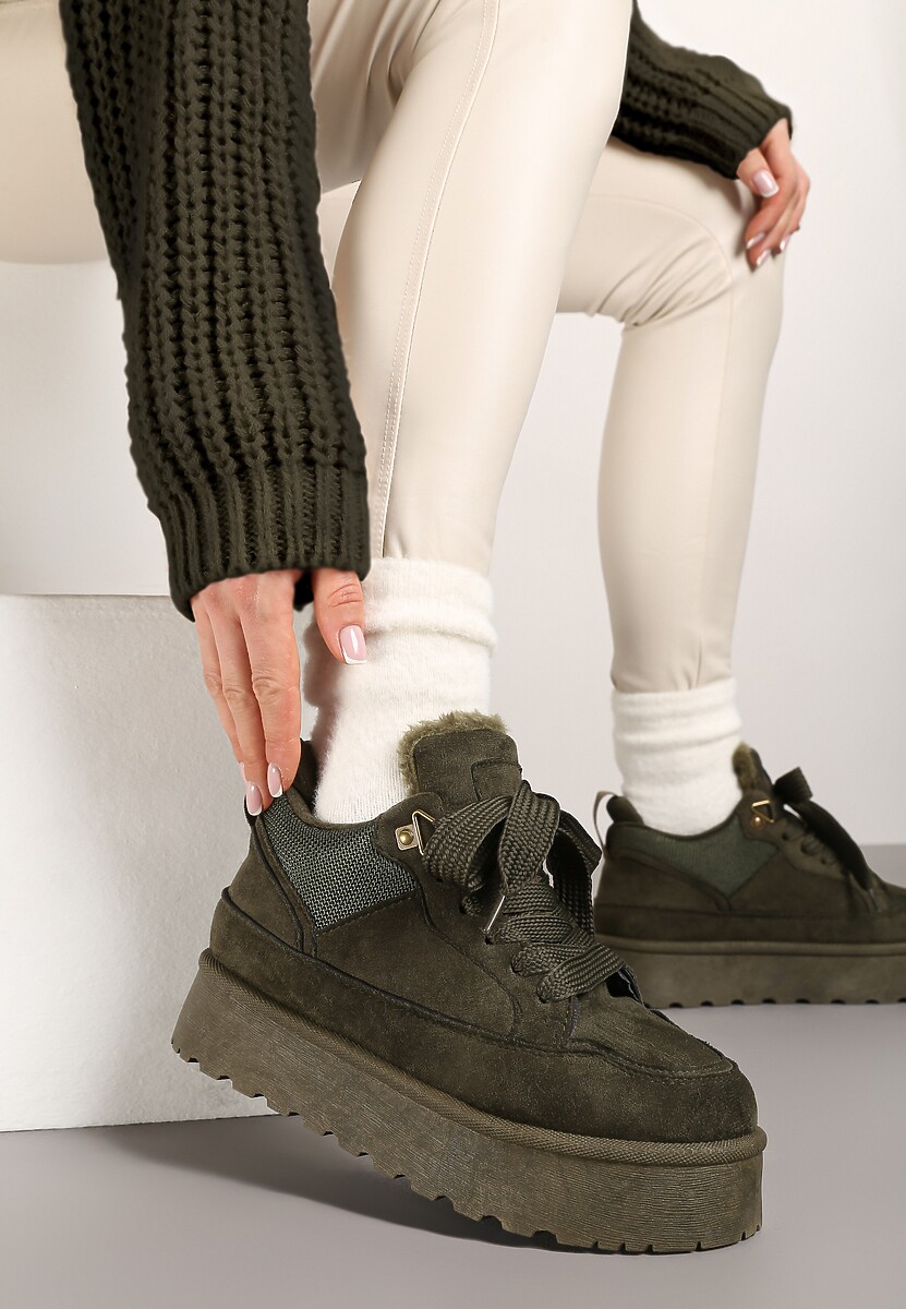 Ciemnozielone Sneakersy na Niskiej Platformie Mocno Ocieplane Tifilie