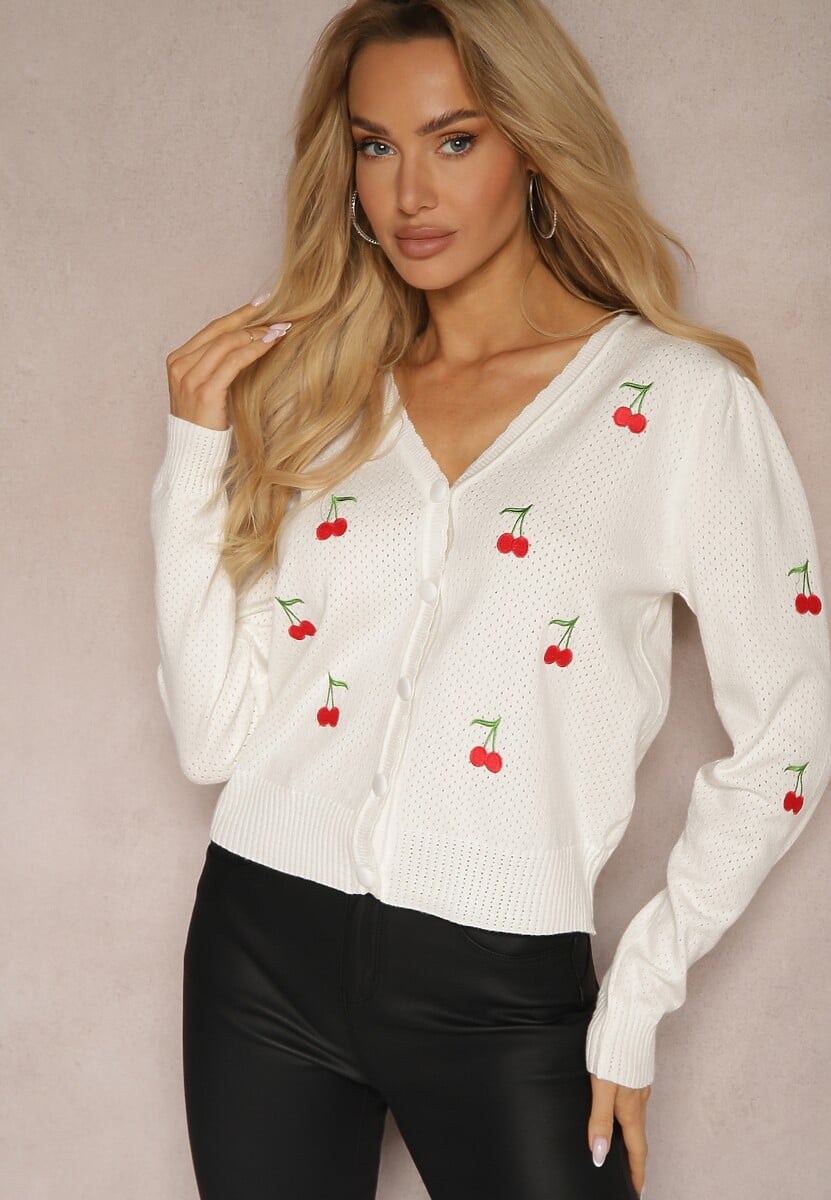 Czarny Kardigan Ozdobiony Haftem w Kształcie Wisienek Nirinia