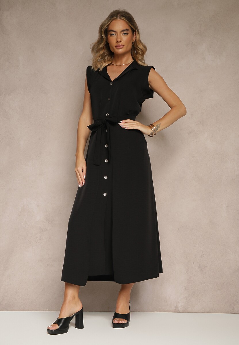 Czarna Sukienka z Paskiem Koszulowa o Rozkloszowanym Fasonie Mavoselle