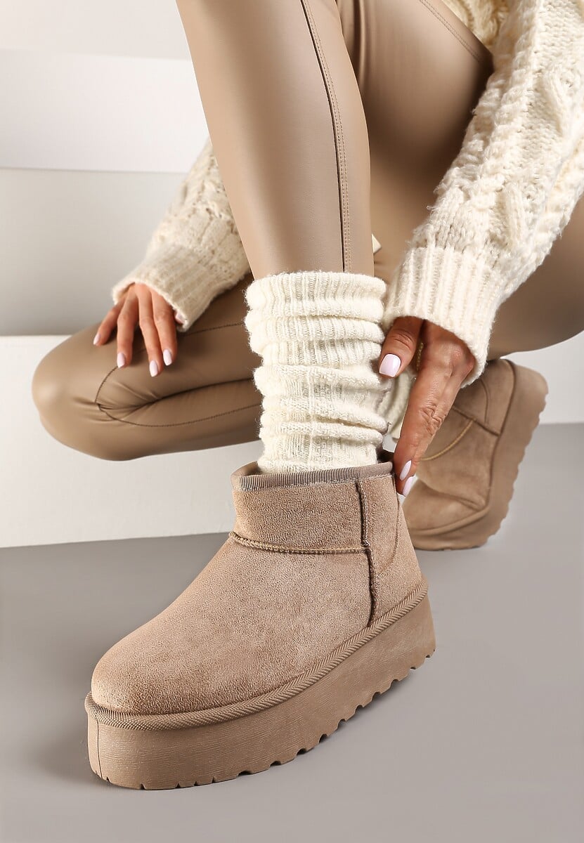 Brązowe Śniegowce z Imitacji Zamszu na Platformie z Niską Cholewką Reanirae