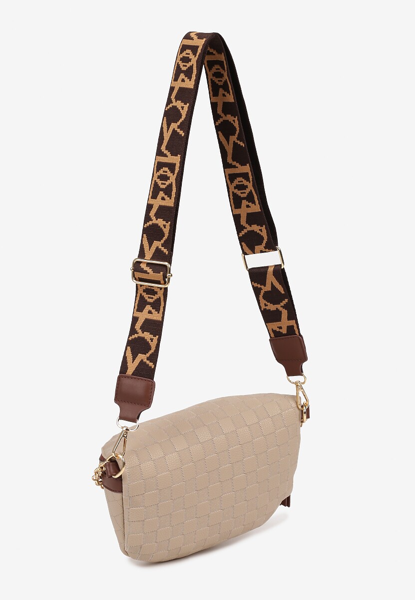 Beżowo-Brązowa Nerka z Ozdobnym Napisem Tłoczeniem i Łańcuszkiem Lioquella