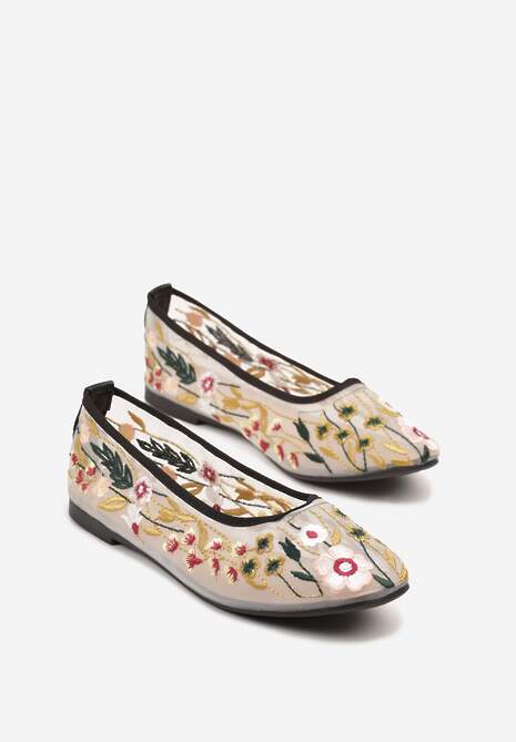 Czarne Haftowane Balerinki z Siateczki z Kwiatowym Motywem Feviane