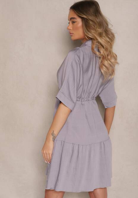 Szara Wiskozowa Sukienka o Koszulowym Kroju z Wiązaniem w Talii Nanovias