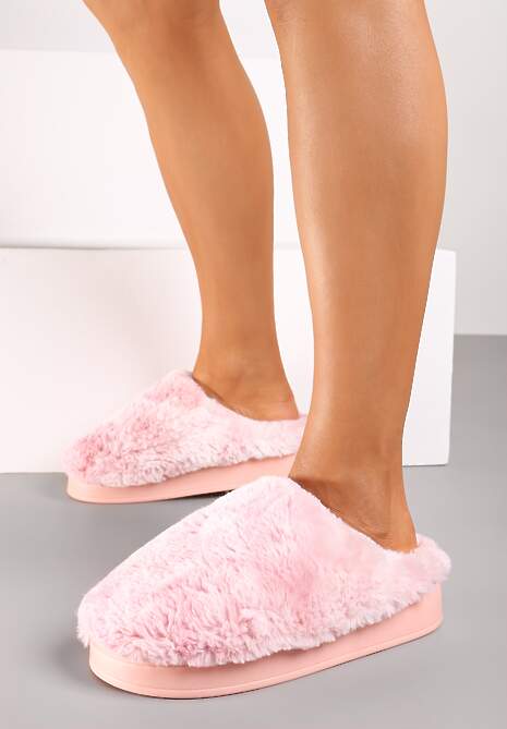 Różowe Kapcie na Płaskiej Podeszwie z Futerkiem Leranna