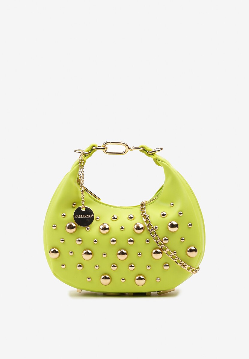 Zielona Torebka Baguette z Napisem Love Łańcuszkiem i Wypukłymi Nitami Teresiel