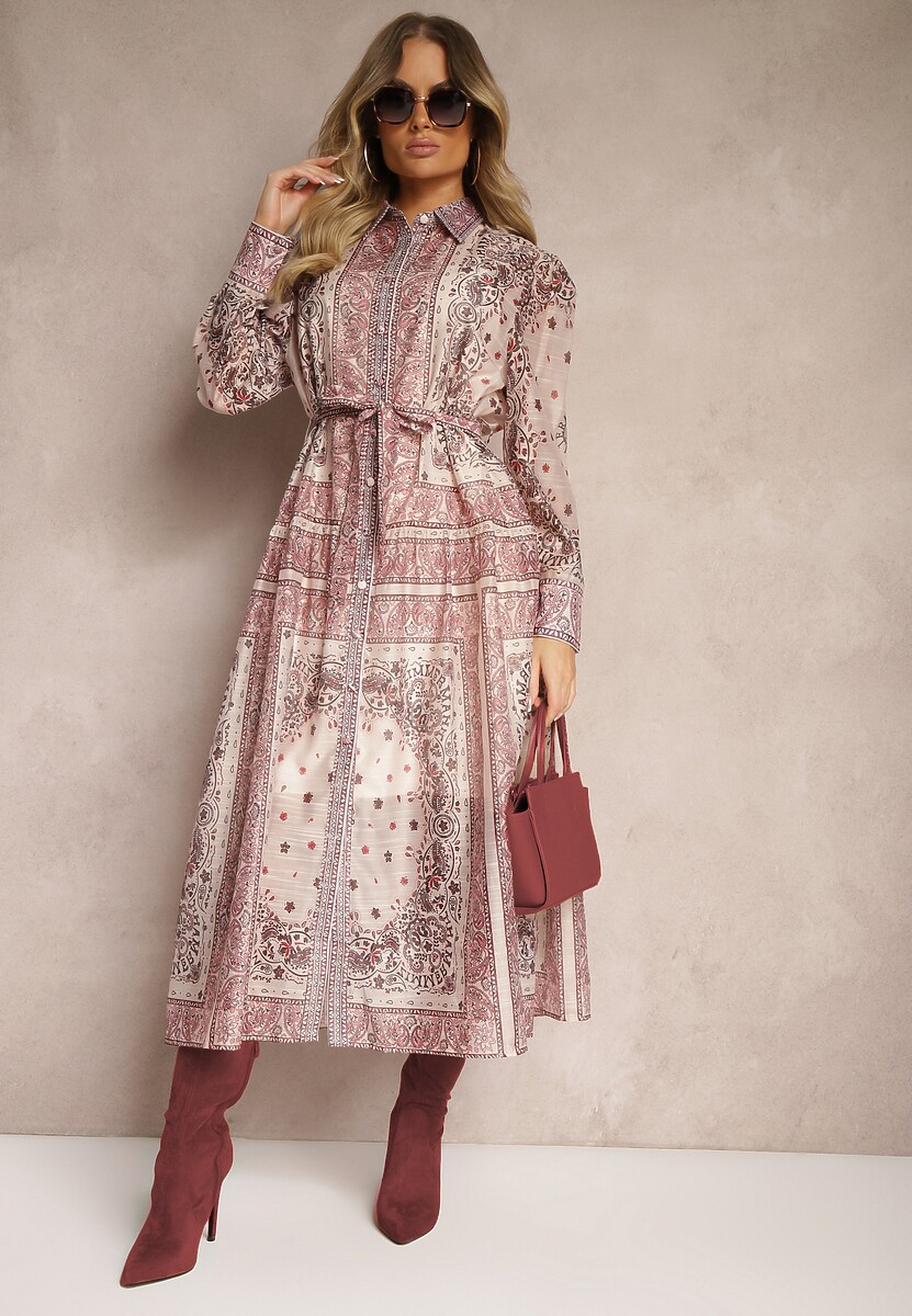 Beżowa Sukienka o Rozkloszowanym Kroju Koszulowym z Bawełną i Paskiem Merichelle