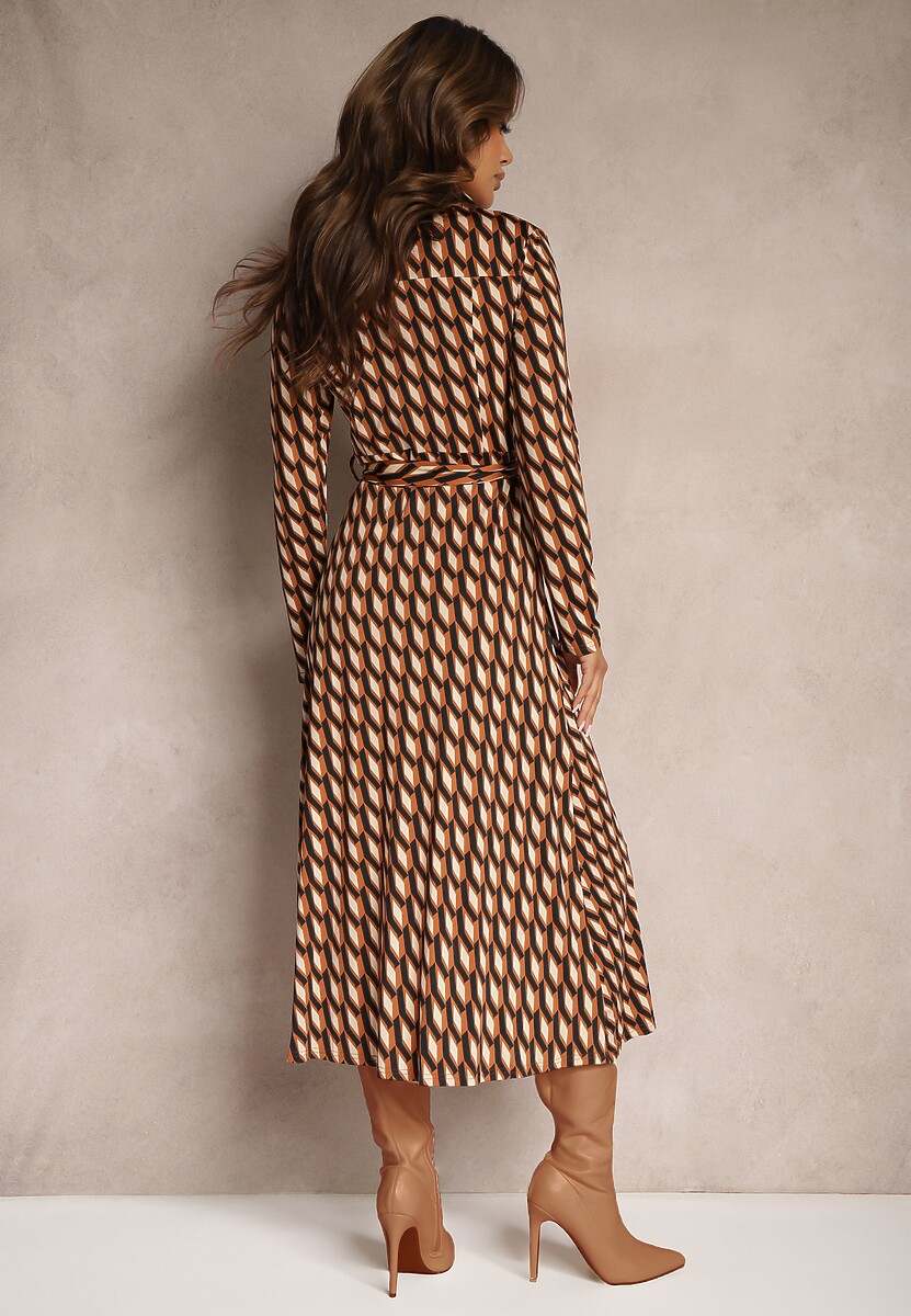 Brązowa Sukienka Koszulowa w Geometryczny Wzór Fendwe