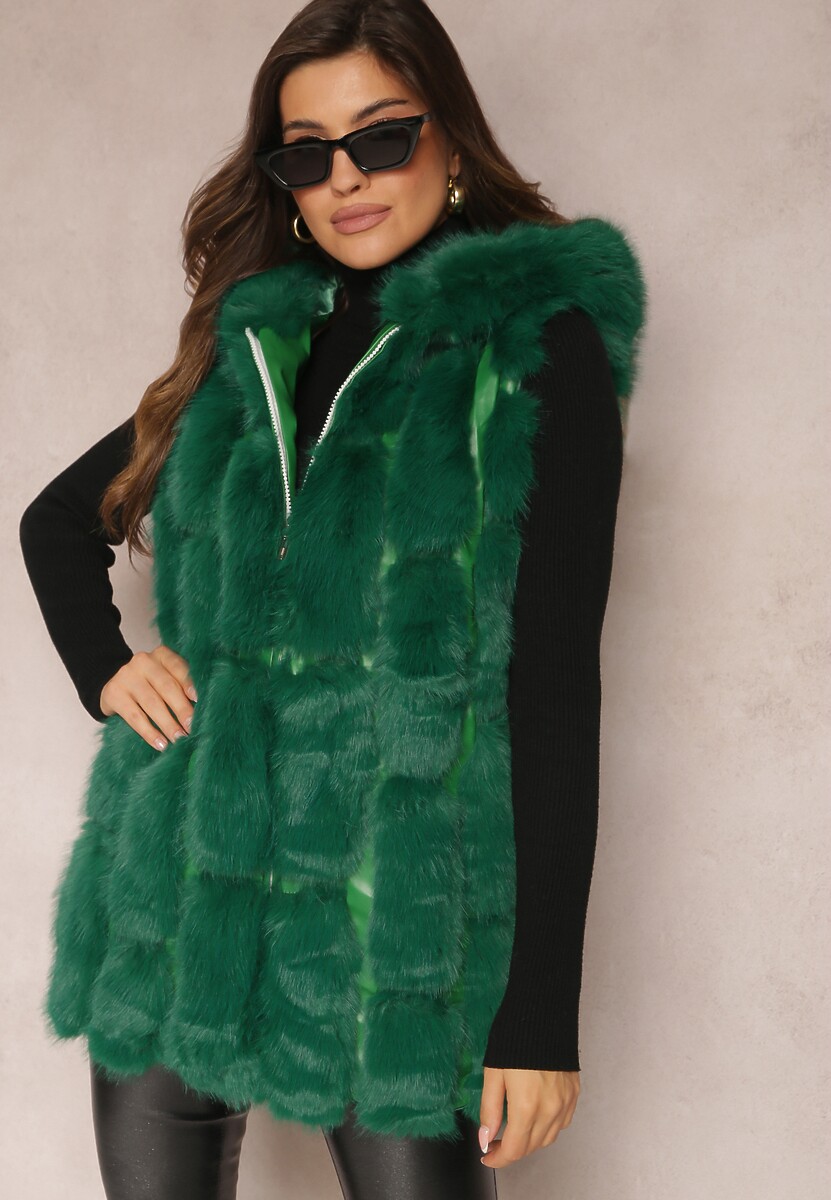 Zielona Futrzana Kamizelka z Kapturem Konessa