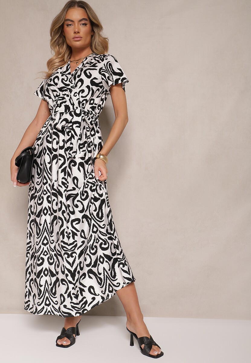 Czarna Kopertowa Sukienka z Wiskozy z Wiązanym Paskiem Norzia