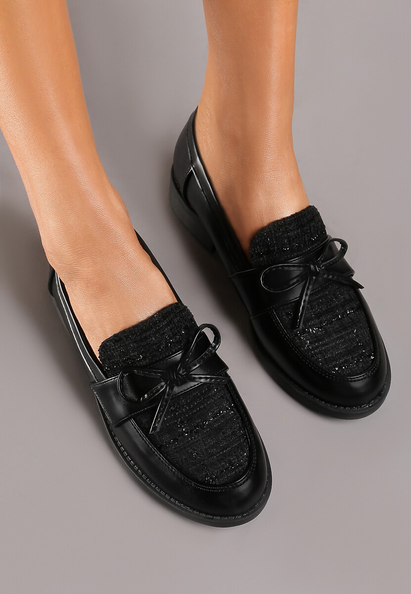 Czarne Mokasyny na Płaskiej Podeszwie z Tweedowym Noskiem z Metaliczną Nicią i Kokardką Virorae