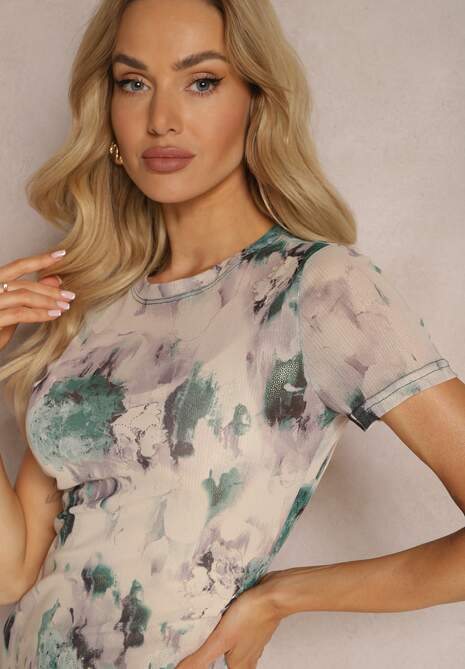 Beżowo-Zielona Dopasowana Sukienka z Przezroczystego Materiału Sacoma