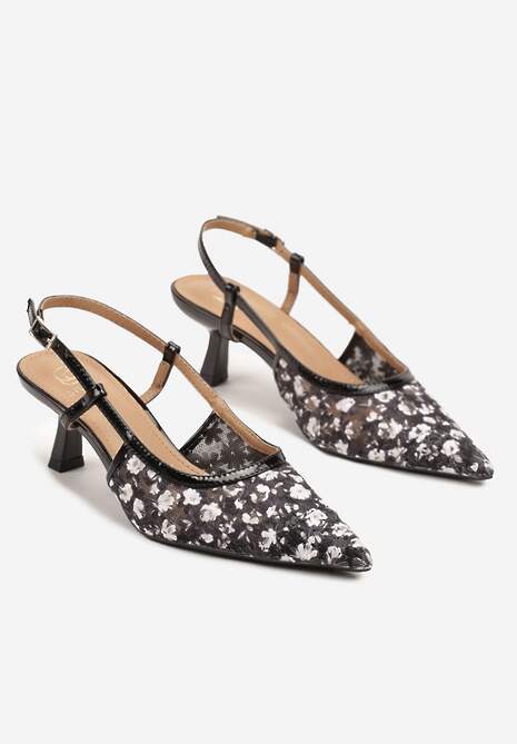 Czarne Siateczkowe Sandały na Kaczuszce z Noskiem w Szpic w Kwiatki Lisania