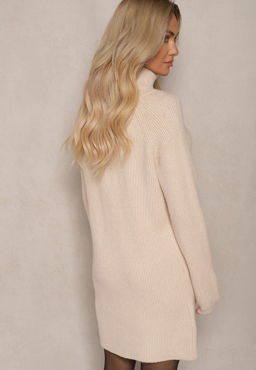 Beżowa Sukienka Dzianinowa Prążkowana Lialethe
