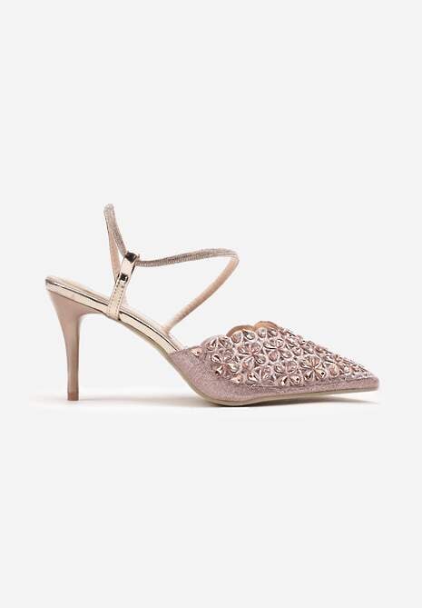 Szampańskie Sandały na Szpilce Slingback z Cyrkoniami Dimte