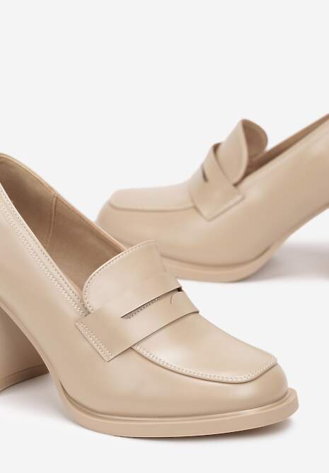 Beżowe Półbuty na Słupku z Kwadratowym Noskiem Teiga
