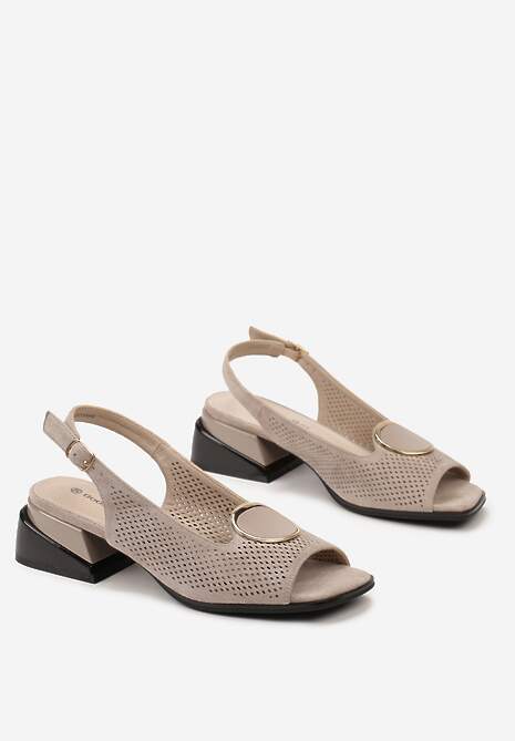 Ciemnobeżowe Sandały Vices na Słupkowym Obcasie z Ażurową Cholewką z Aplikacją Idamines