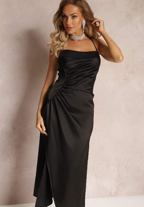 Czarna Sukienka Maxi z Rozcięciem i Marszczeniem Viviepa