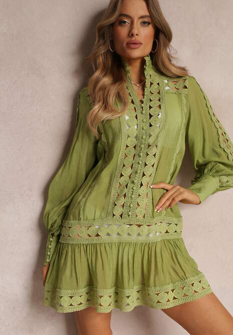 Zielona Koronkowa Tunika Pudełkowa z Falbaną Nawal