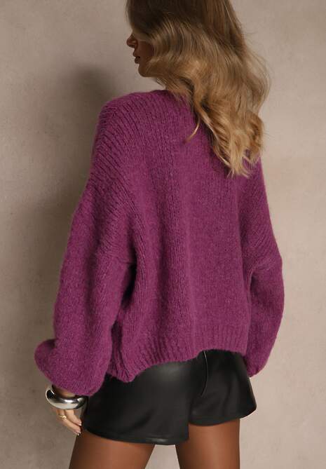 Fioletowy Kardigan z Wełną o Kroju Oversize z Wiązanymi Kokardami Elearina