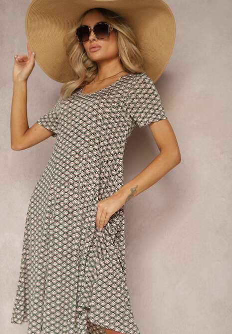 Zielono-Beżowa Wiskozowa Sukienka o Rozkloszowanym Fasonie Ibelia