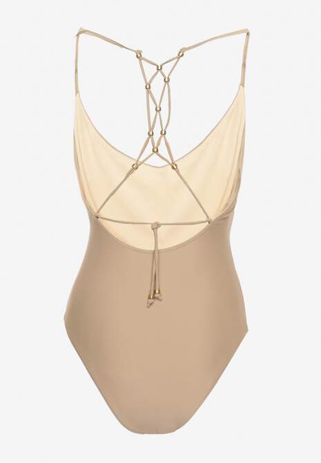 Beżowy Jednoczęściowy Strój Kąpielowy z Ozdobnym Wiązaniem na Plecach Bosiara