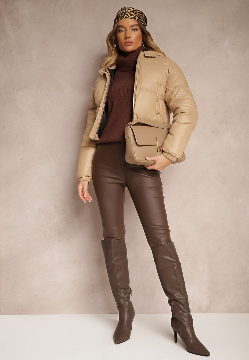 Ciemnobeżowa Pikowana Kurtka z Nieodpinanym Kapturem o Krótkim Kroju Tinneira