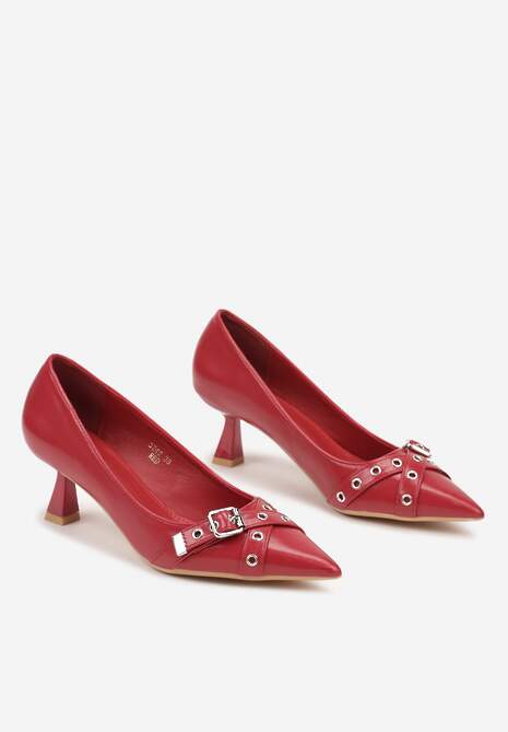 Czerwone Czółenka na Szpilce Kaczuszce z Ozdobnymi Paskami Nevrosa