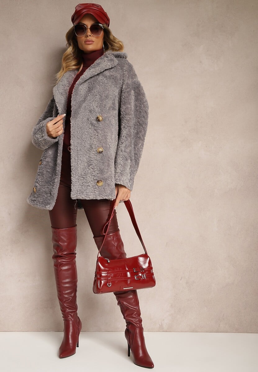 Szara Futrzana Kurtka Typu Baranek z Ozdobnymi Paskami i Dwurzędowym Zapięciem Nikira