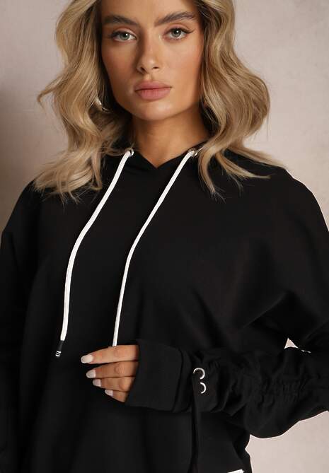 Czarna Bluza Bawełniana z Kapturem Dolcean