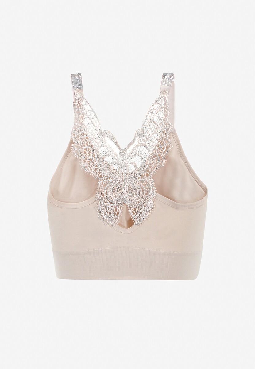 Beżowy Biustonosz na Szerokich Ramiączkach z Koronką w Cyrkonie Caduria