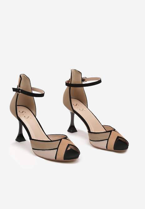 Ciemnobeżowe Geometryczne Sandały w Geometryczny Print na Obcasie Kaczuszce Mirasina