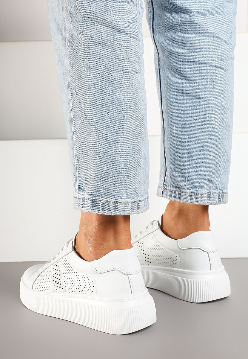 Białe Płaskie Ażurowe Sneakersy ze Skóry Naturalnej i Skórzaną Wkładką Lavili