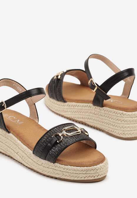 Czarne Sandały Ozdobione Plecionką i Klamrą Lisamaria