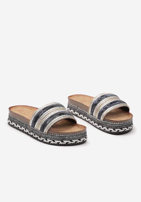 Czarne Klapki na Niskiej Platformie z Korkiem i Plecionką Iines