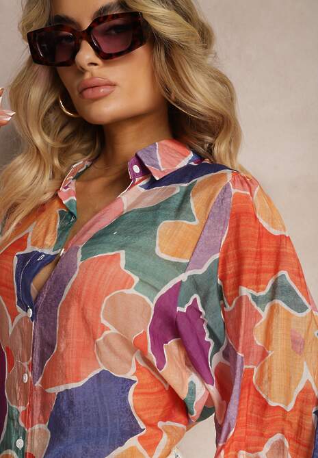 Pomarańczowo-Granatowa Koszula z Długim Rękawem i Szerokimi Mankietami Zapinana na Guziki Comenna