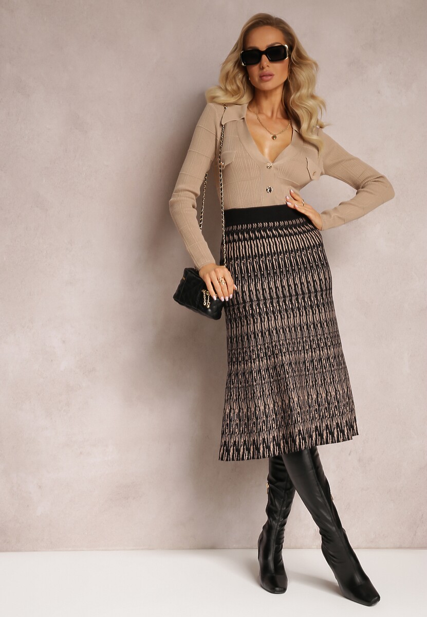 Beżowy Kardigan na Guziki z Trójkątnym Dekoltem Emlina