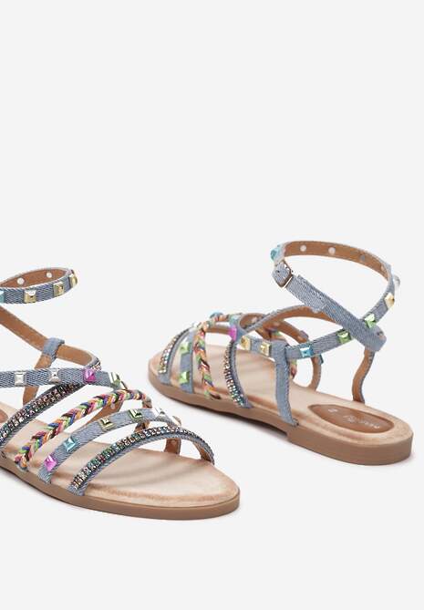 Niebieskie Płaskie Sandały z Cienkimi Paskami z Cyrkoniami i Ćwiekami Mizuki