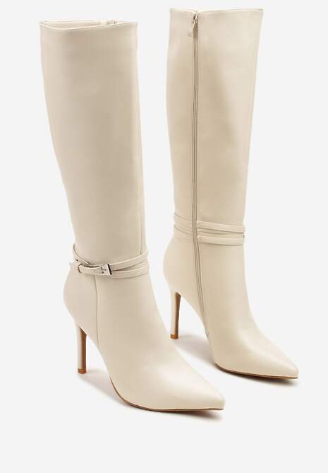 Beżowe Kozaki na Szpilce z Noskiem w Szpic i Eleganckim Zdobieniem Ozene