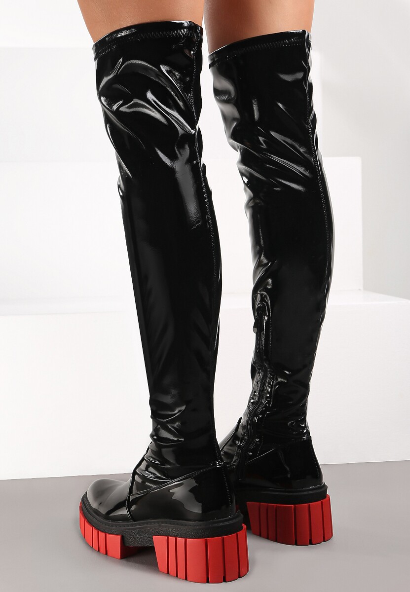 Czarne Kozaki Muszkieterki Winylowe na Grubej Podeszwie Laenala