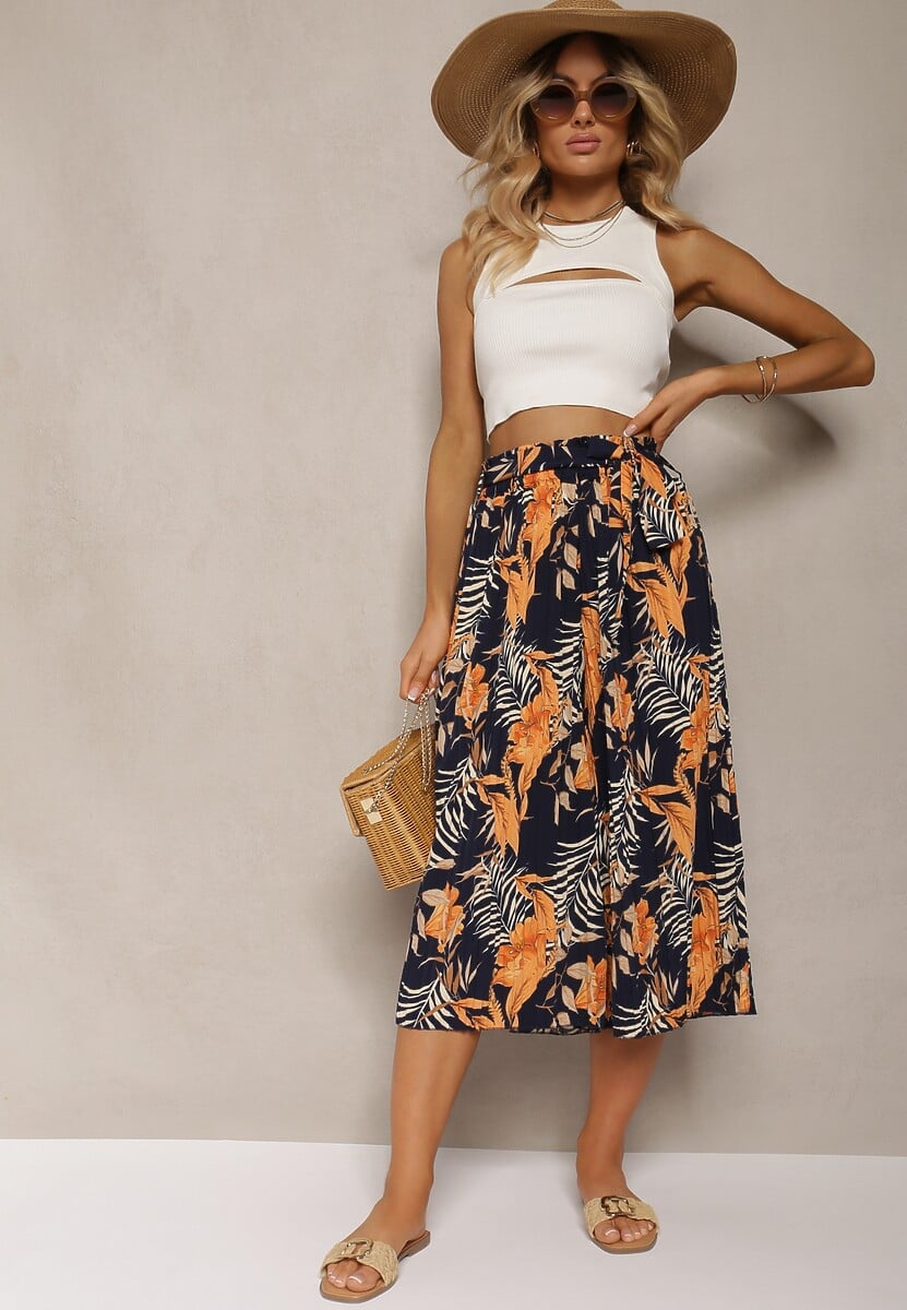 Granatowo-Pomarańczowe Spodnie High Waist z Szerokimi Nogawkami z Gumką w Talii i Materiałowym Paskiem Berlefia