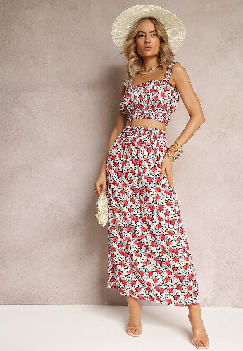 Zielono-Czarny 2-Częściowy Komplet z Bawełny Długa Spódnica z Gumkami i Krótki Top na Ramiączkach Zymiere