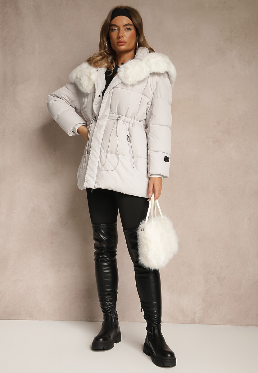 Biała Pikowana Kurtka z Szerokim Kapturem z Futrem Galiessa