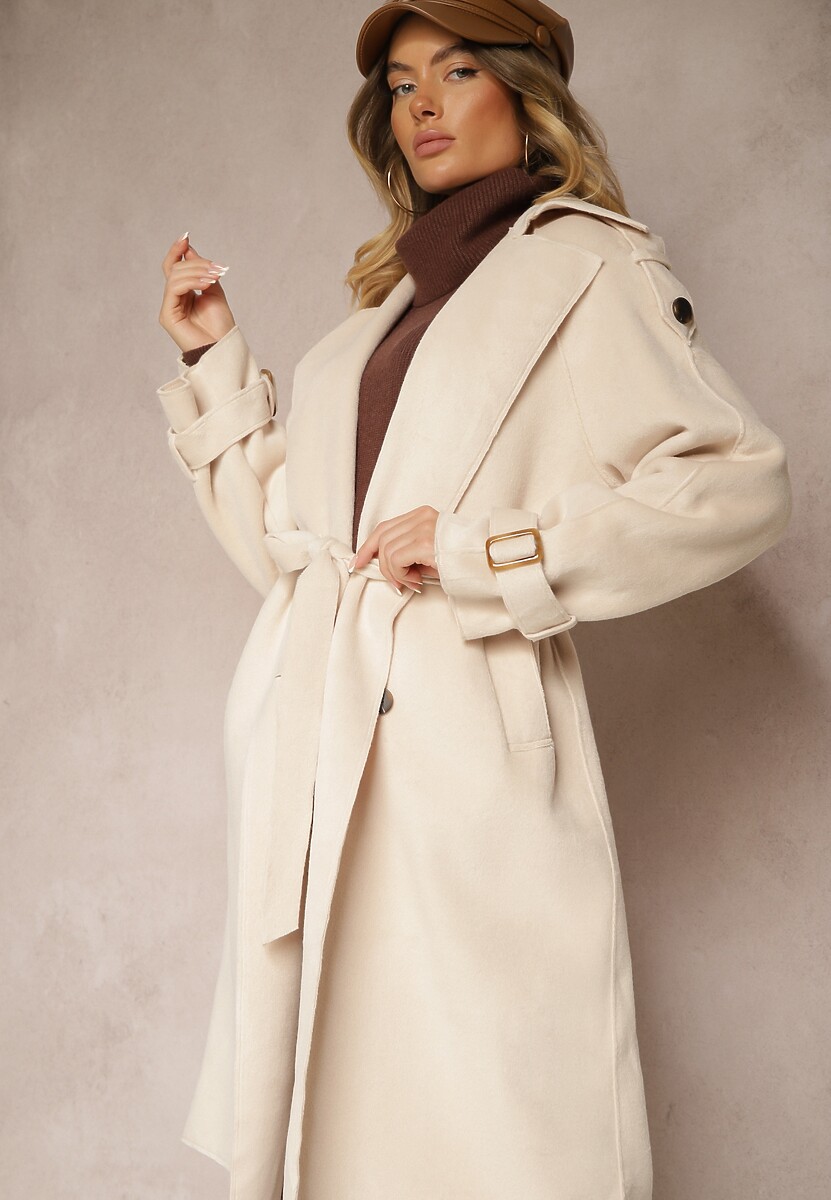 Brązowy Dwurzędowy Płaszcz Trencz o Eleganckim Kroju z Paskiem Edioneta