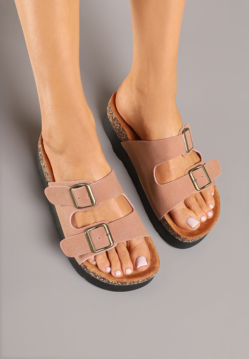 Różowe Klapki na Platformie z Korka Ozdobione Klamrami Ravilisse