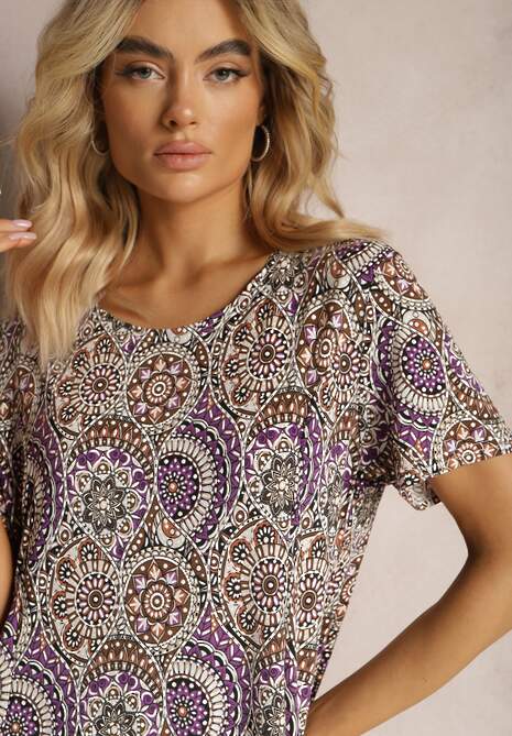 Fioletowo-Żółta Krótka Sukienka w Stylu Boho z Elastycznej Wiskozy z Krótkimi Rękawami Ailoni