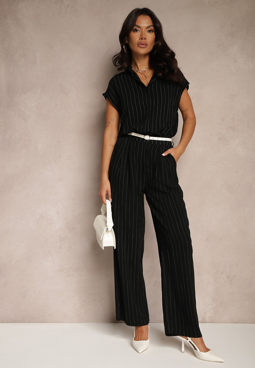 Czarny Komplet z Wiskozy w Prążki Koszula na Krótki Rękaw ze Spodniami Fenlina